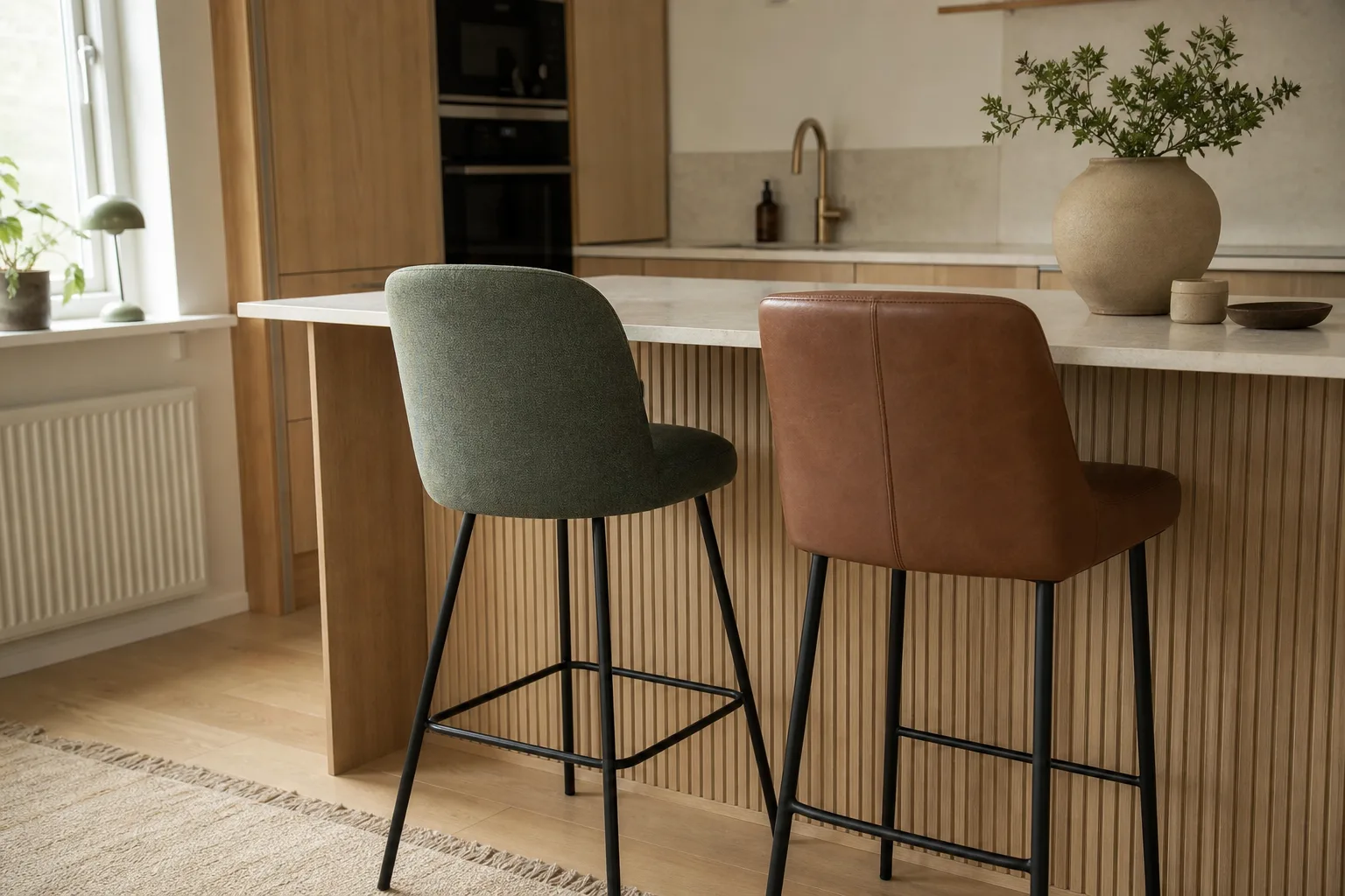 Två barstolar i olika material bredvid varandra