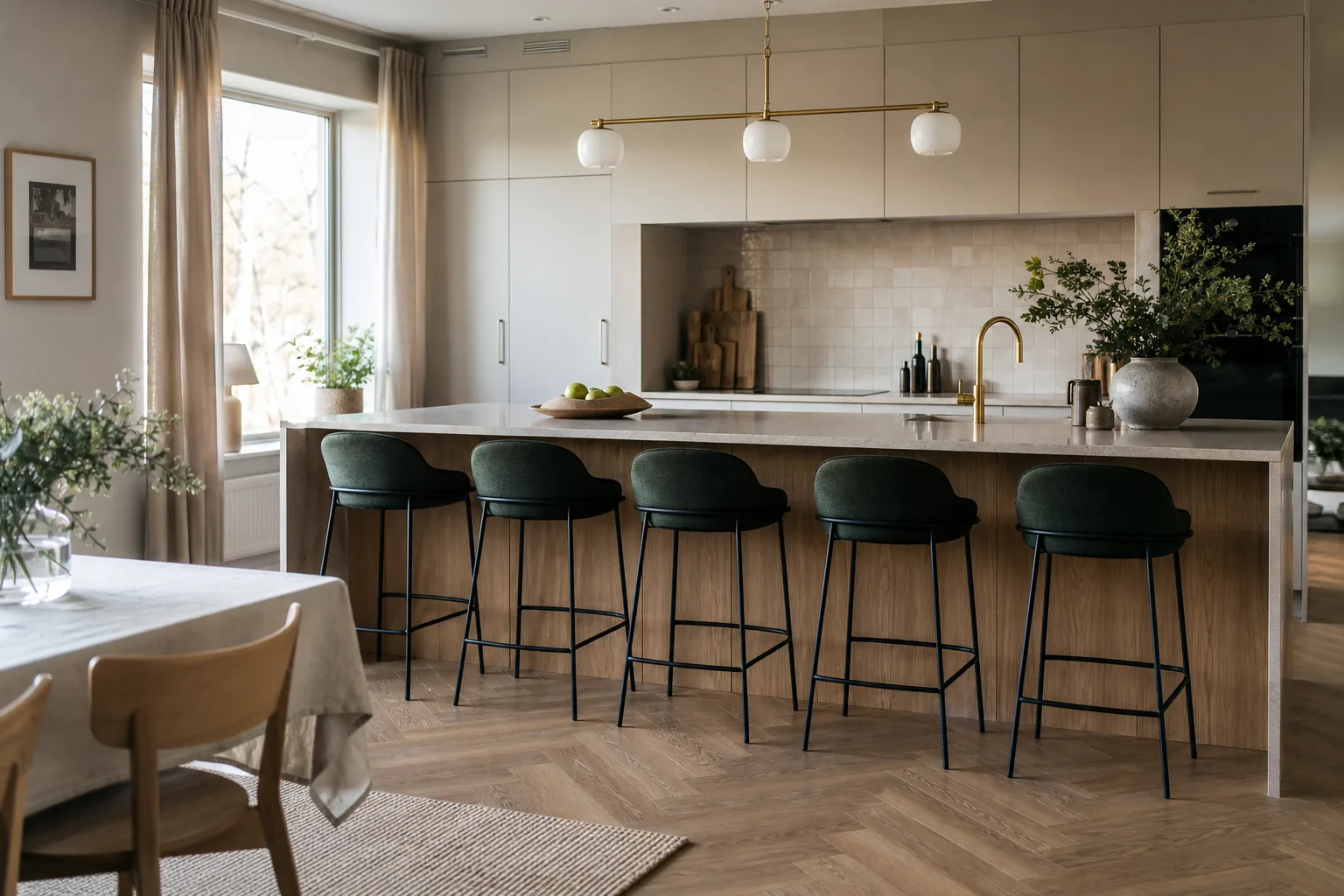 Lång köksö med flera barstolar jämnt fördelade