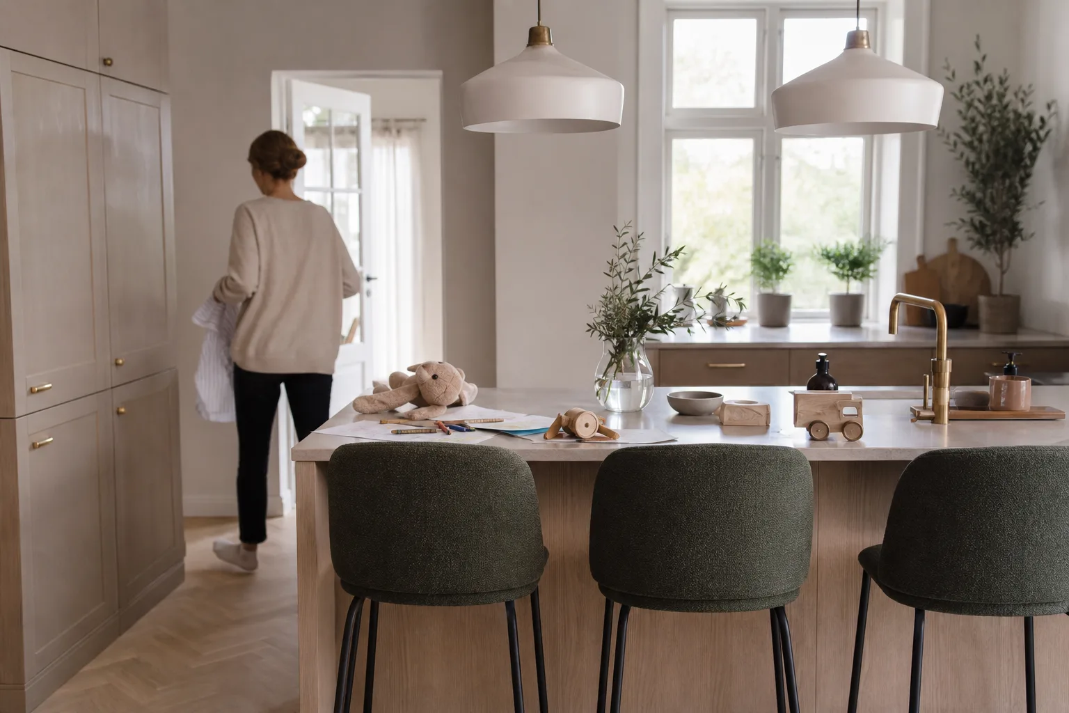 Familjekök med barstolar vid köksön och leksaker på bänken