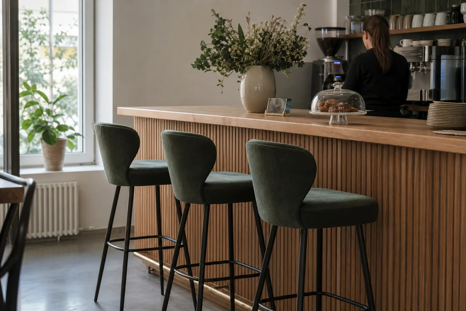 Bardisk med tåliga barstolar i en cafémiljö