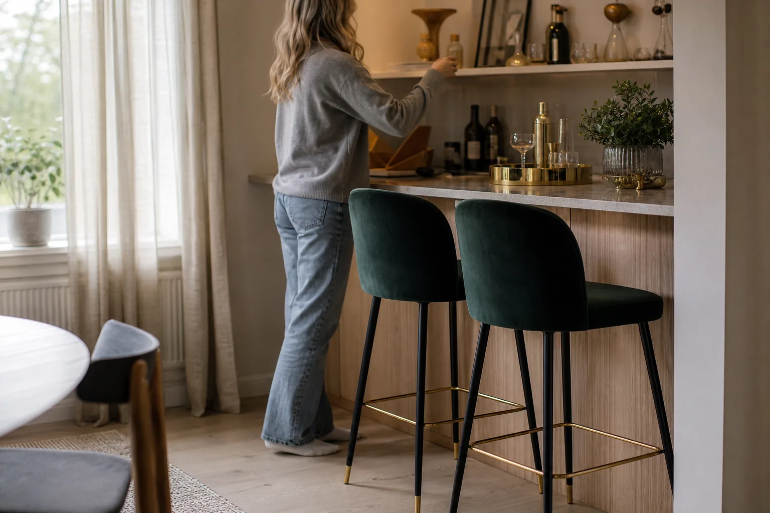 Sammetsklädd barstol vid en hembar