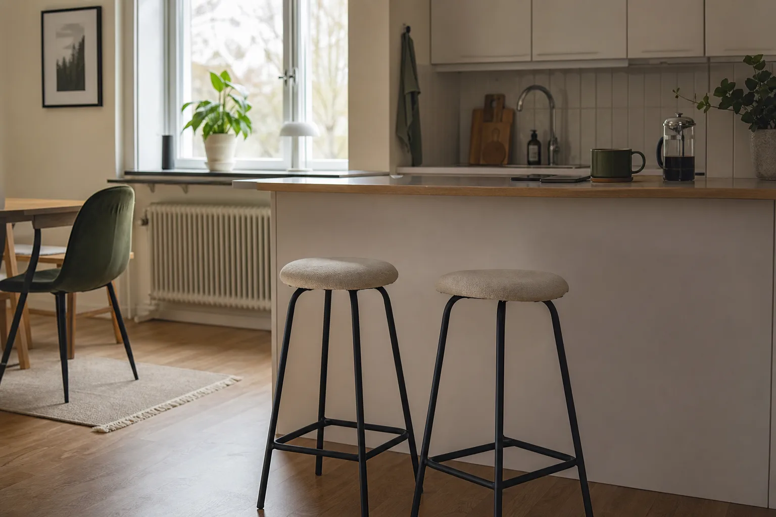 Enkel barstol vid en köksbänk i en mindre lägenhet
