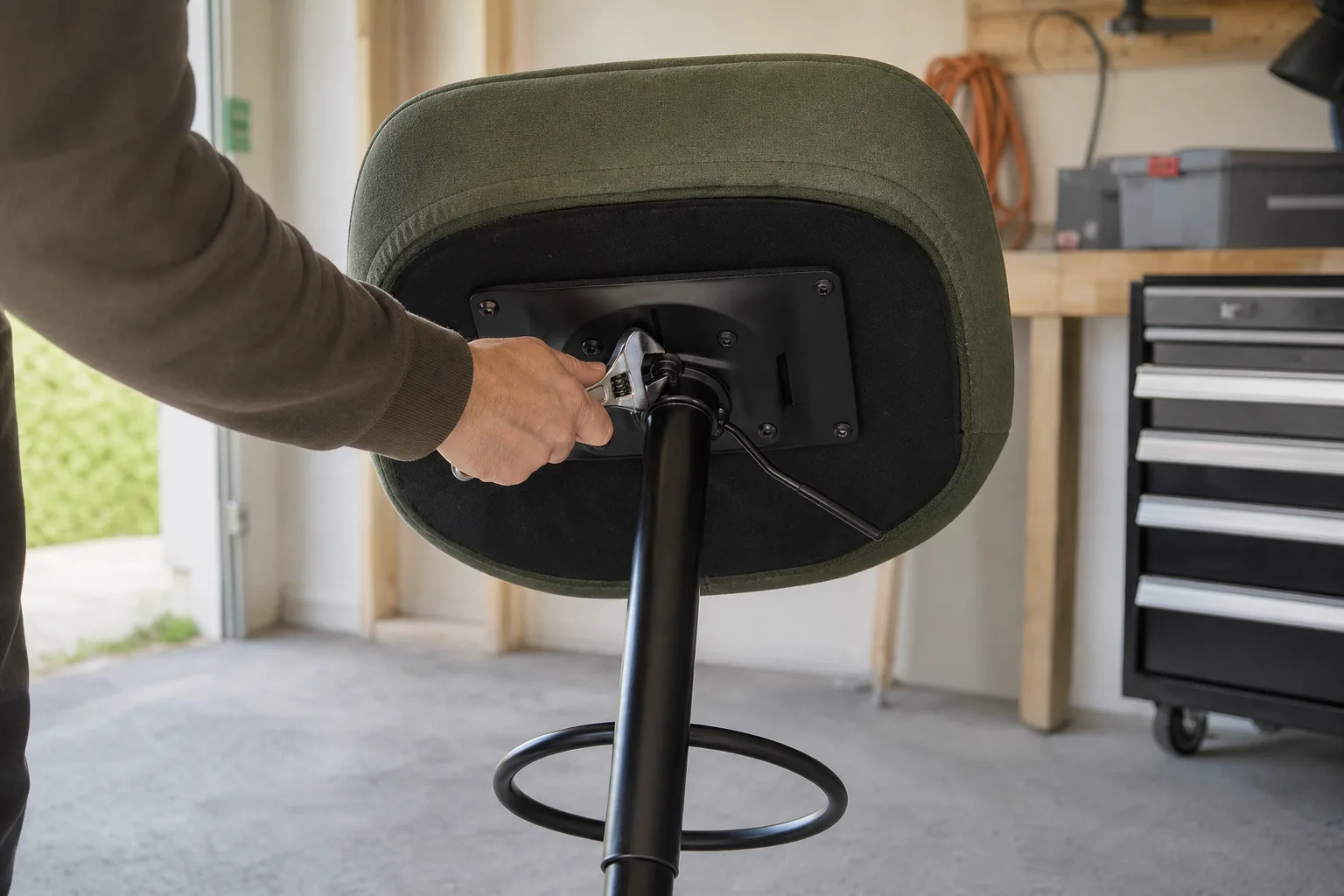 Hand med skiftnyckel vid en barstols underrede i ett garage
