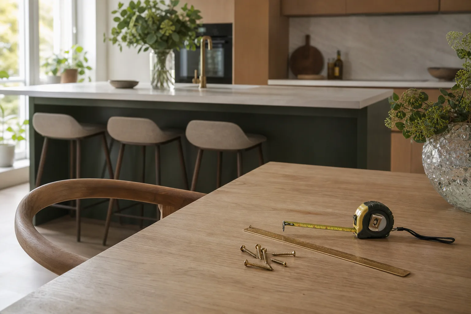 Måttband, linjal och skruvar utlagda på ett bord