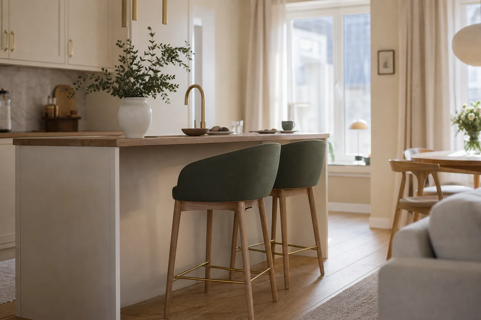 Elegant barstol vid en tidlöst inredd matplats