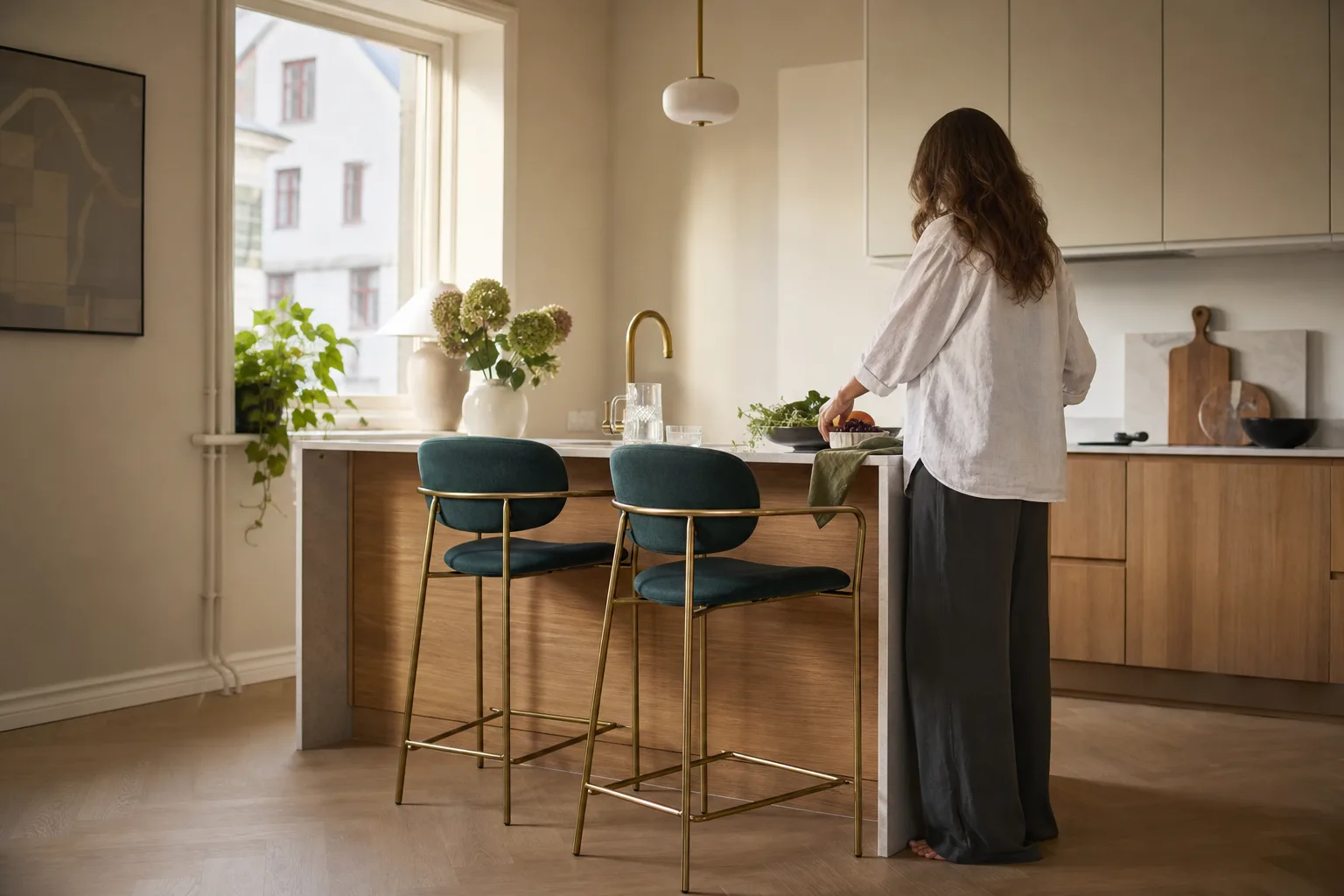Designbarstol i stark färg vid en minimalistisk köksö