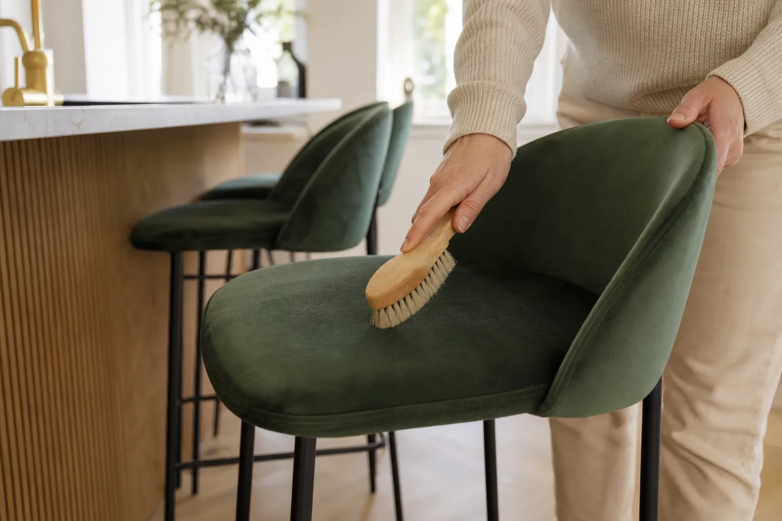 Mjuk borste som förs över en sammetssits