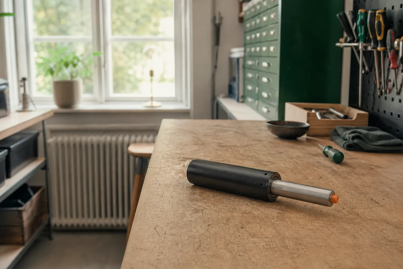 Lös gasliftcylinder utlagd på en verkstadsbänk