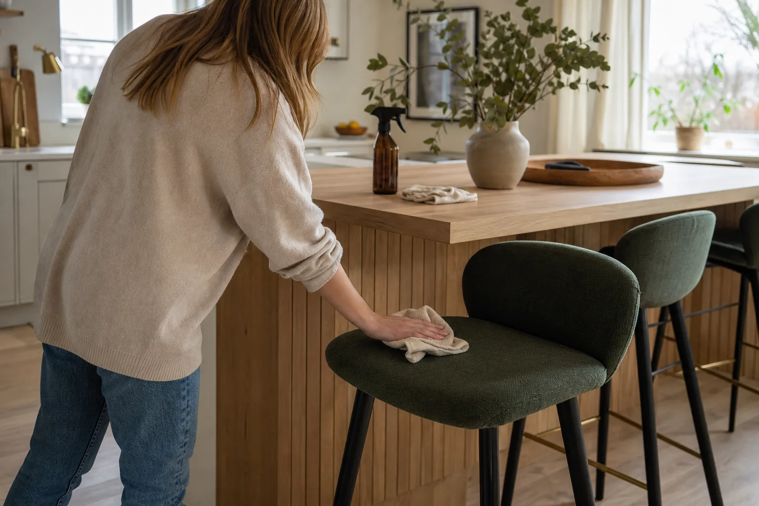 Hand som torkar av en barstolssits med trasa